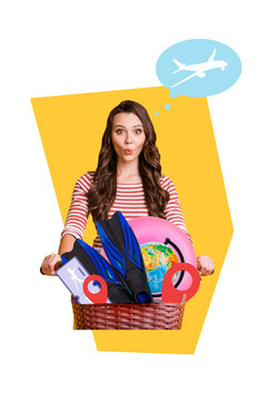 Vertical photo collage of astonished girl hold preparation baggage basket summer supplies flippers gps globe isolated on painted background