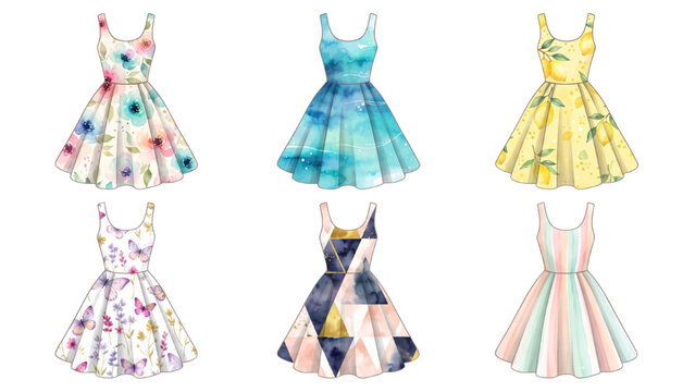 Sleeveless Flared Dress Collection with Different Patterns and Designs, Feminine Fashion Vector Set Isolated on Transparent Background