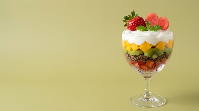 Fresh fruit salad parfait with whipped cream in a glass cup on a light green background