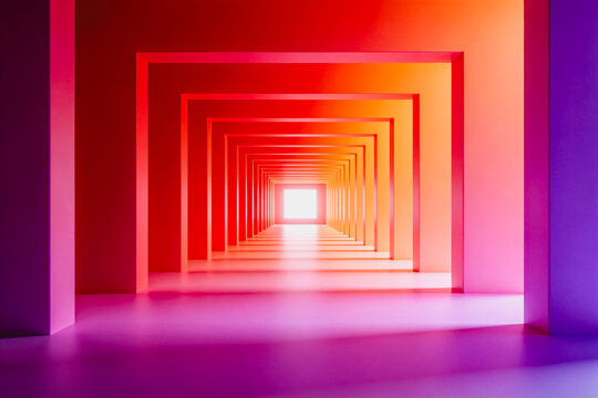 A minimalist geometric tunnel with receding rectangular frames, featuring a gradient of warm to cool colors leading to a bright distant opening, creating a sense of infinite depth.