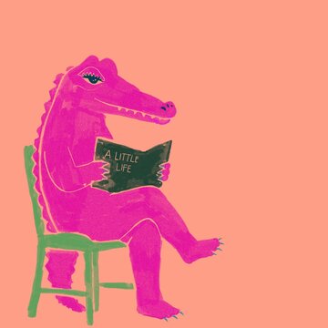 Cute pink crocodile sitting on chair reading book illustration