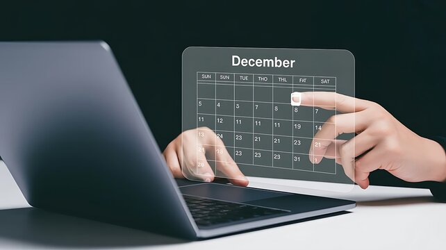 Digital business planner selecting date on virtual interactive December calendar hologram using laptop