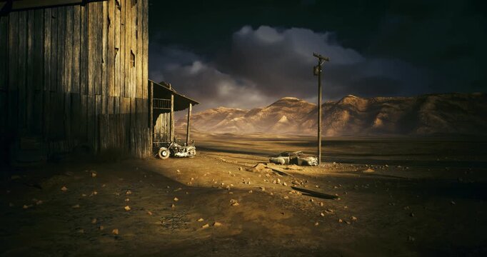 Close view of weathered wooden facade, peeling paint, scattered debris, porch shadow, corrugated siding, rusted nails and gravel, dramatic cloudbank, warm rim