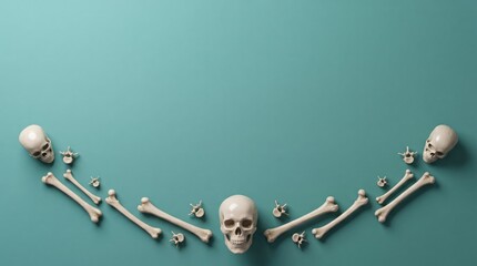 Fototapeta premium A top down view of a human skull and scattered bones arranged on a solid green background for a spooky halloween holiday celebration concept