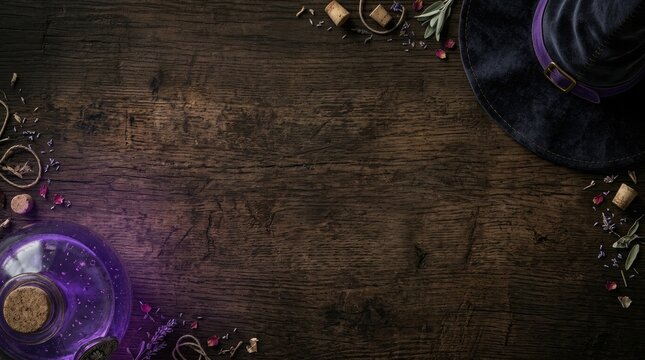 A festive halloween 3d witch hat and potion background featuring magical elements on a dark rustic wooden table surface