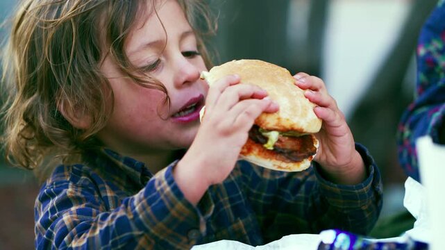 Boy taking big bites of oversized burger in playful outdoor close-up