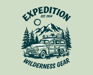 Obraz premium Vintage expedition wilderness gear emblem. Retro classic off-road car in mountain forest. Adventure travel vector graphic design.