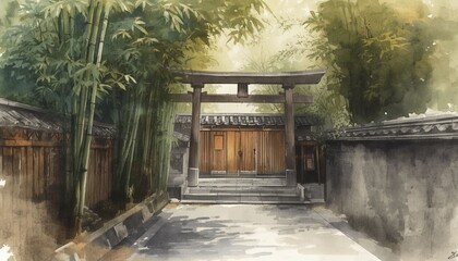 Naklejka premium Watercolor Painting Of Torii Gate In Bamboo Forest
