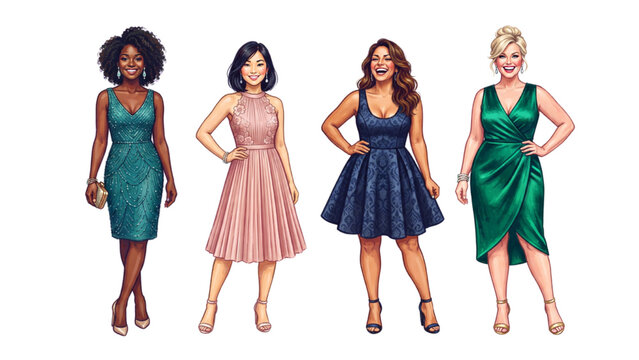 Diverse Women in Various Sleeveless Cocktail Dress Styles, Fashion Vector Collection Isolated on Transparent Background
