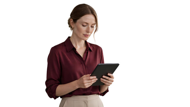 Focused professional woman using digital tablet device isolated on transparent PNG background