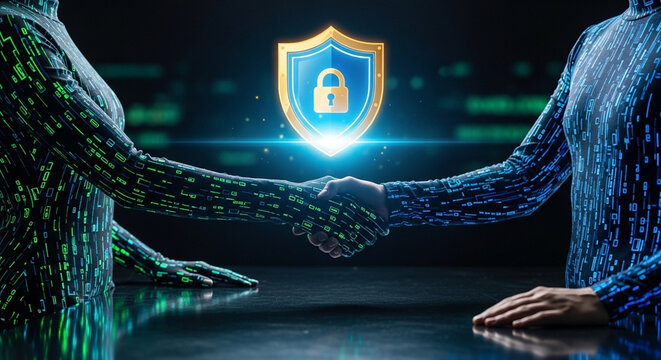 Two digital figures shaking hands under a glowing cybersecurity shield, symbolizing secure data partnership and technological collaboration.
