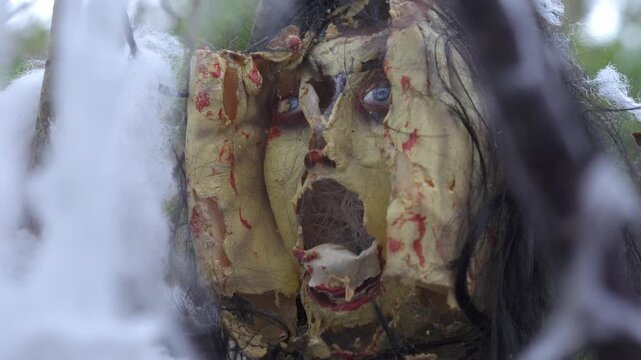 Close-up of a scary Halloween prop with a cracked ghoul mask, fake blood, tangled hair, and cobwebs. Spooky outdoor decoration creating a dark horror atmosphere in autumn.