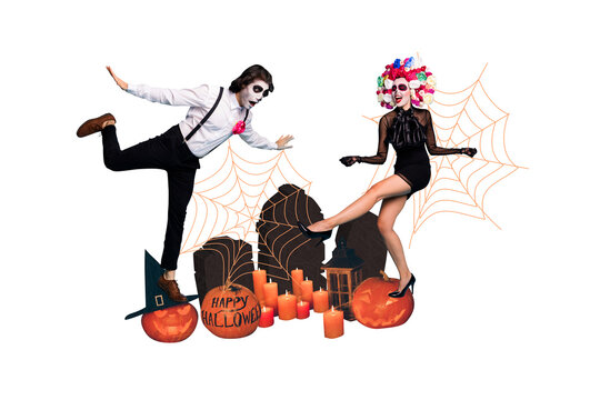 Composite photo collage of caballero costume girl guy dance cemetery occult ritual halloween candle pumpkin isolated on painted background