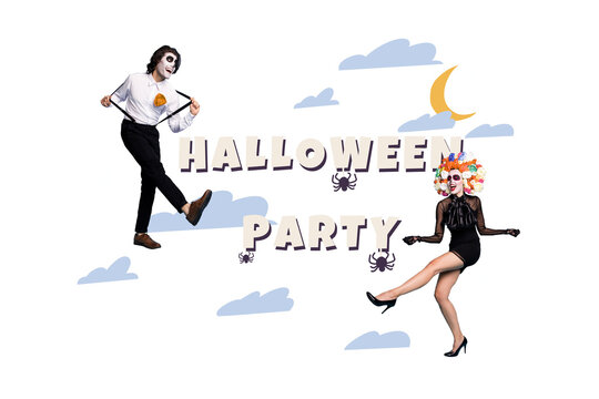 Composite photo collage of caballero costume girl guy dance night occult ritual halloween moon sky clouds isolated on painted background