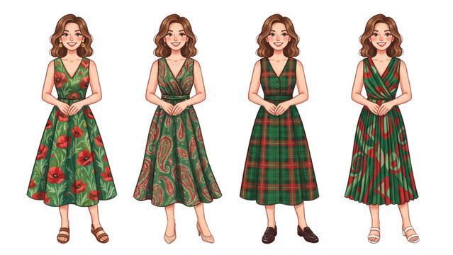 Same Woman Character Wearing Classic Purple Patterned Sleeveless V-Neck Midi Dresses, Fashion Vector Collection Isolated on Transparent Background