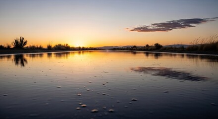 Fototapeta premium Sunset sky reflected in still water of a river.