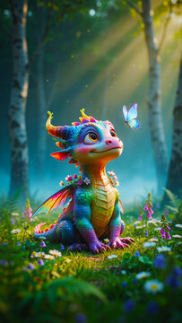 Cute 3D rendered baby dragon sitting in a magical forest looking at a butterfly