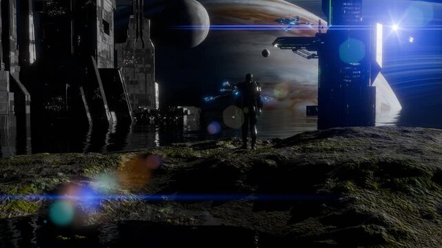 A science fiction scene in a fantasy world with spaceships and space stations.