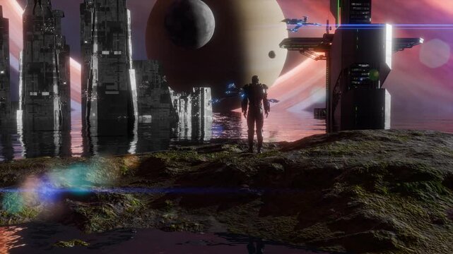 A science fiction scene in a fantasy world with spaceships and space stations.