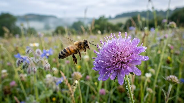 Honey bee flying to a purple wildflower in a blooming meadow at sunrise