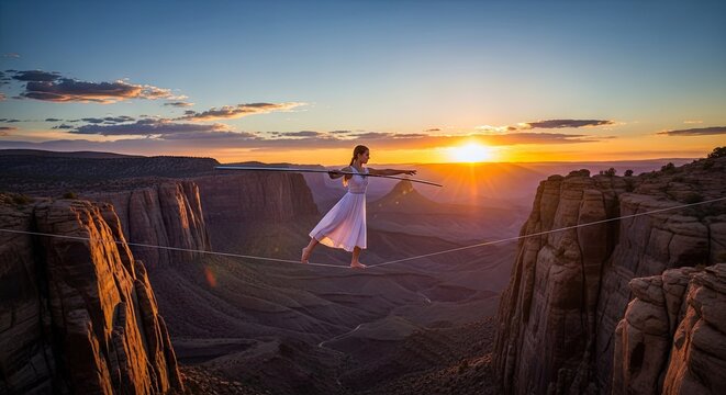 Female tightrope walker balancing over vast canyon during sunset.