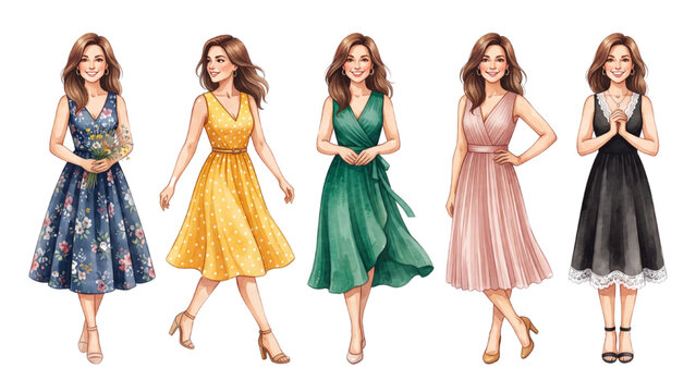 Same Woman Characters Wearing Classic Sleeveless V-Neck Midi Dresses in Different Styles and Poses, Fashion Vector Collection Isolated on Transparent Background