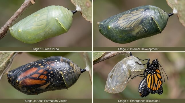 Butterfly cocoon development, monarch chrysalis lifecycle stage, fresh green pupa showing internal wing formation, orange insect transformation progress, natural emergence sequence.