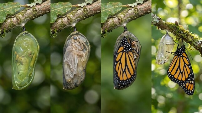 Butterfly cocoon metamorphosis sequence demonstrating natural growth stage, insect life cycle, wild monarch chrysalis transformation, adult emergence from transparent shell hanging on green branch.
