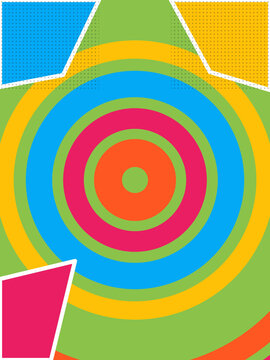 Colorful concentric circles with geometric shapes background for modern poster or comic layout.