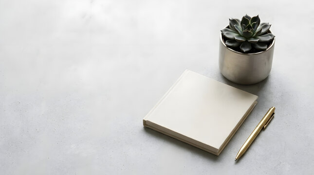 Small succulent plant beside blank notebook and pen