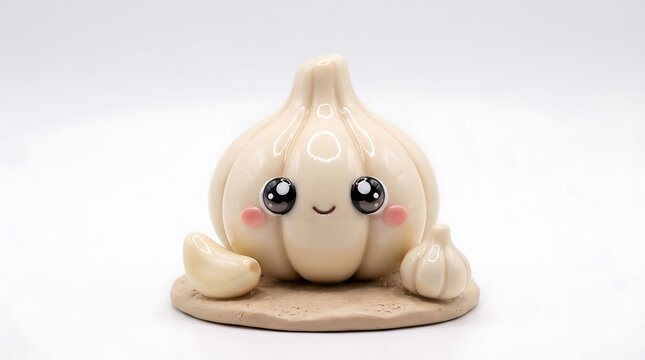 Cute garlic character with big eyes on a small plate illustration
