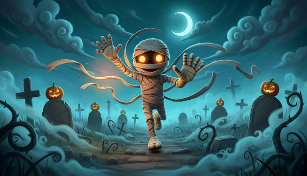 Fun cartoon mummy running forward with unwrapping bandages in a spooky graveyard at night. Halloween background with glowing jack-o-lantern pumpkins, crescent moon, eerie mist, and tombstones.