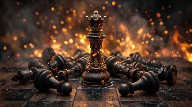 Dramatic chess king standing amidst fallen black pieces with fiery sparks and embers