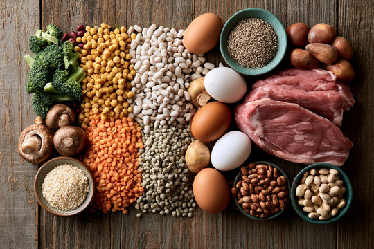 Assorted protein sources including meat eggs beans seeds on wood with raw food