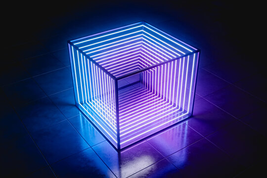 A 3D rendered infinite neon cube with blue to purple gradient glow, set on a reflective dark tiled floor in a minimalist space.
