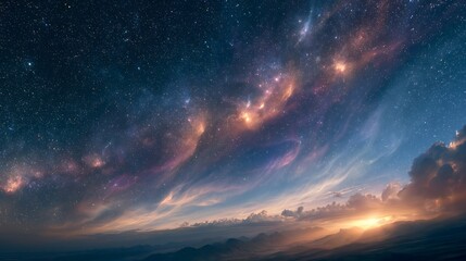 Fototapeta premium Fantasy landscape with colorful nebula sky, clouds, and glowing horizon