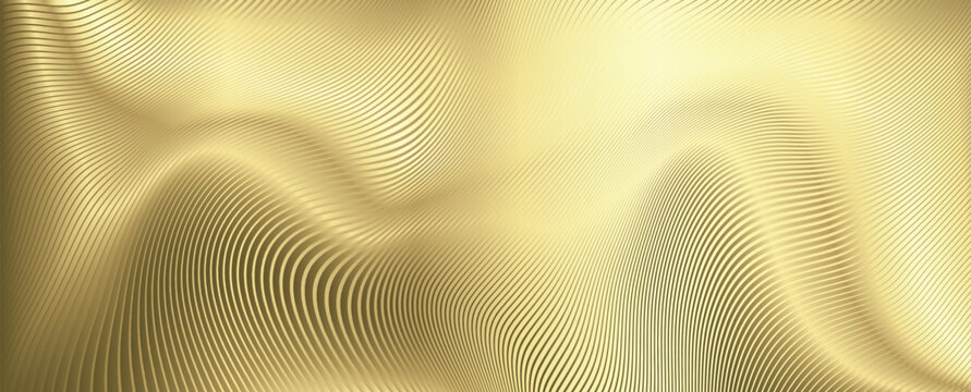 Vector golden contour lines on a luminous background.  Luxury backdrop with flowing wave pattern with curves and gradients.