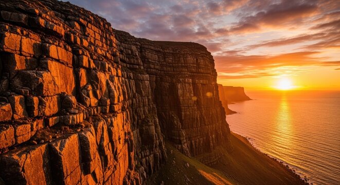 Golden sunset over dramatic coastal sea cliffs and ocean.
