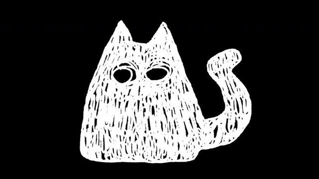 Seamless looped 2D hand-drawn video overlay white doodle cat silhouette with hatching texture and line boil effect on transparent alpha channel for pet-themed videos, stream graphics, motion elements.