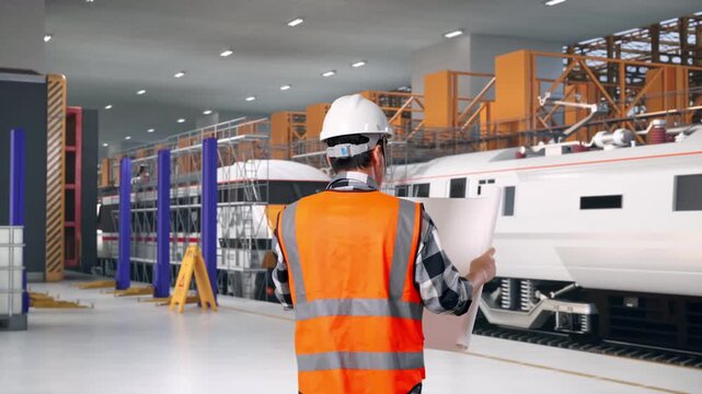 Back of Asian Male Engineer Looking At Blueprint In His Hands While Walking at Train Locomotives Maintenance Depot Scaffolding