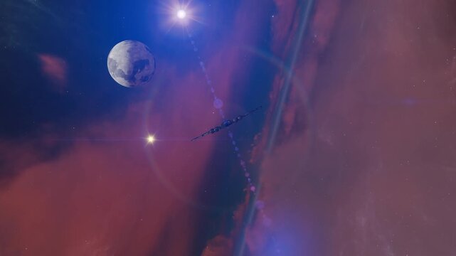 A science fiction scene in a fantasy world with spaceships and space stations.