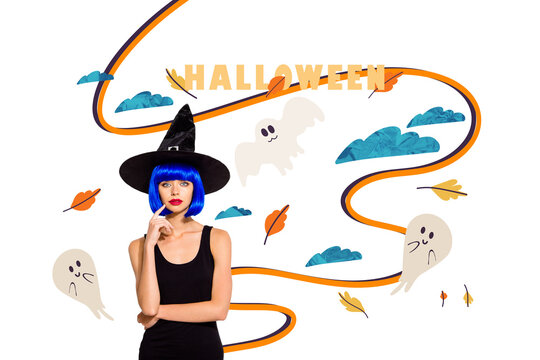 Composite artwork collage of&nbsp;happy halloween poster&nbsp;&nbsp;sky cloud&nbsp;spooky&nbsp;season party&nbsp;young woman witch wear hat stand ghost fly atmosphere