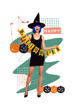 Vertical photo collage of happy witch girl wear blue hairdo wig costume halloween pumpkin garland isolated on painted background