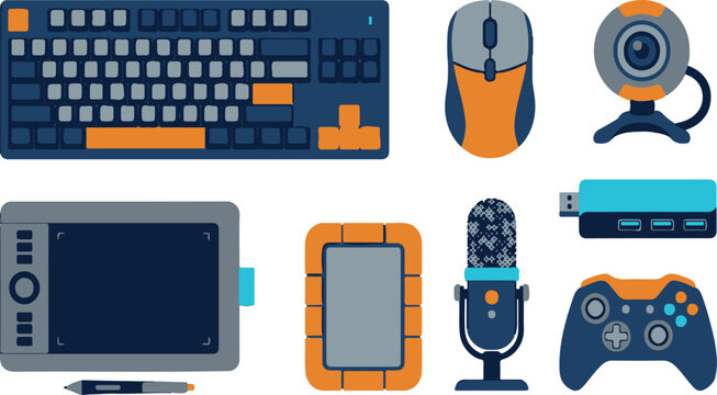 Dark blue and orange themed vector set of computer peripheral devices including keyboard mouse microphone webcam controller and drawing tablet.
