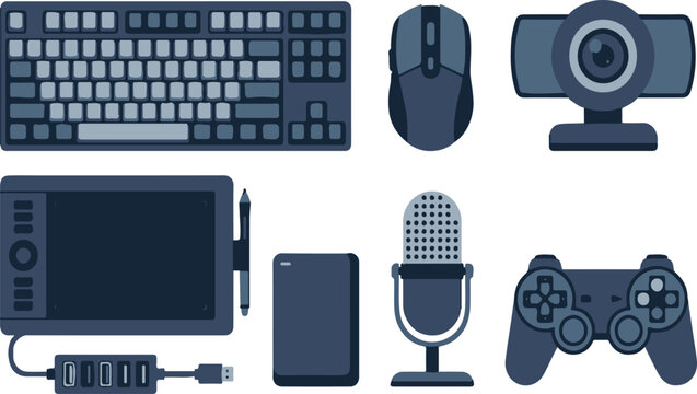 Monochromatic dark blue computer peripherals vector illustrations pack with mechanical 