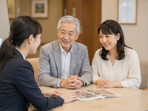 老人ホーム,介護施設,高齢者施設,施設入居,入居相談,老人ホーム相談,介護相談,高齢者住宅,有料老人ホーム,サービス付き高齢者向け住宅,サ高住,特別養護老人ホーム,介護付き住宅,高齢者,シニア,老親,親子,日本人家族,日本人高齢者,家族,介護,高齢者介護,施設介護,介護サービス,ケアマネジャー,相談員,生活相談員,入居説明,契約,契約書,資料,パンフレット,費用,介護費用,老後資金,老後,終の住処