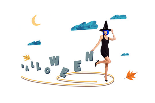 Composite artwork collage of&nbsp;happy halloween poster&nbsp;sky cloud&nbsp;spooky&nbsp;season party&nbsp;young woman witch wear hat stand hold letters banner