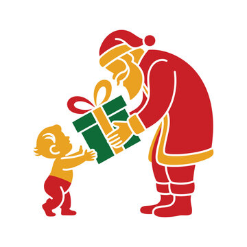 santa claus in red and gold outline gives green gift box to little child, celebrating christmas with presents and happiness.