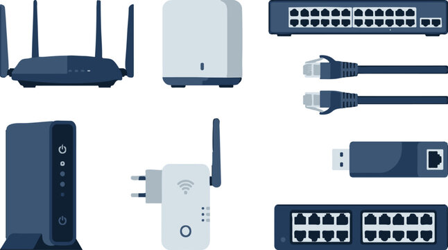 Network hardware devices set featuring routers switches ethernet cables and wifi extenders in flat blue style for connectivity infrastructure.