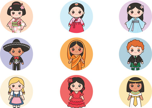Chibi traditional clothing avatar collection featuring diverse cartoon characters wearing international folk costumes in colorful circular icons for global cultural diversity concept.